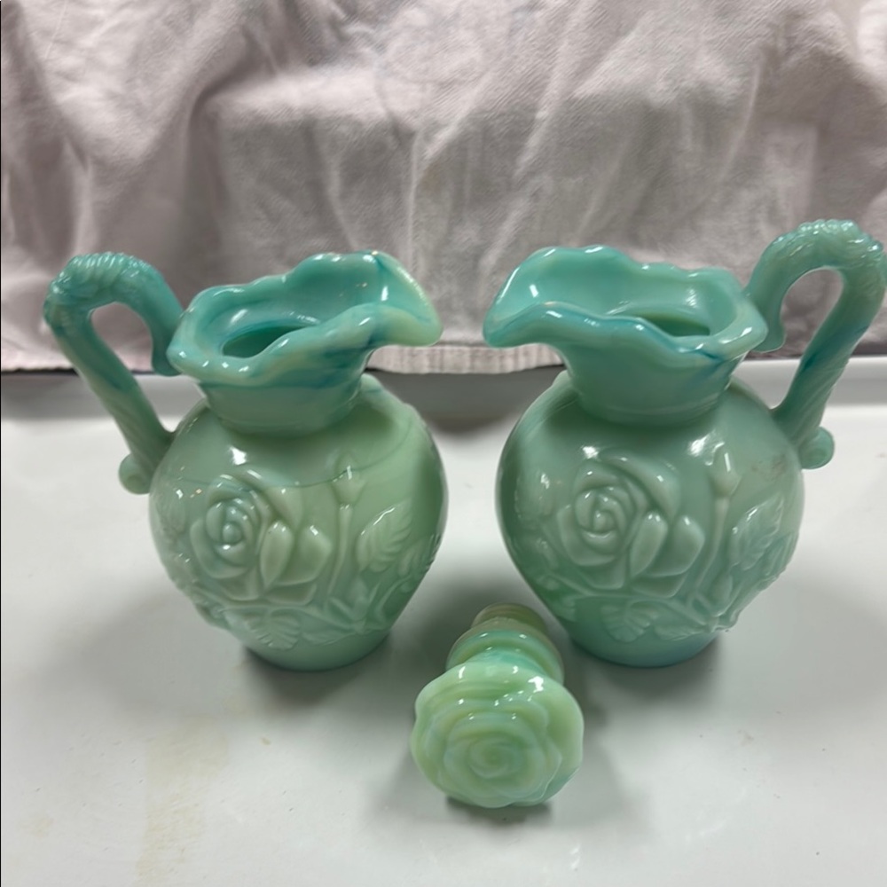 2 Avon Green Accent Pitcher Vases with Rose Floral Design & 1 Stopper